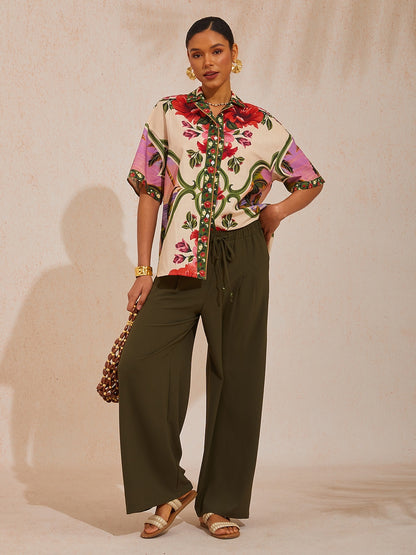 Vacation Placement Floral Turn-down Collar Linen-like Short Sleeve Shirt