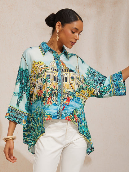 Balearic Islands Blue Silky Satin Dolman Sleeve Top