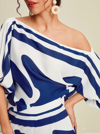 Satin Abstract Puff Sleeve Bateau Blouse