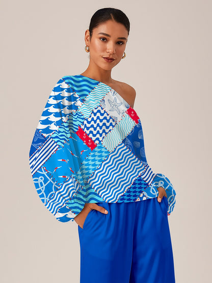Ocean Inspired Geometric Off-Shoulder Top