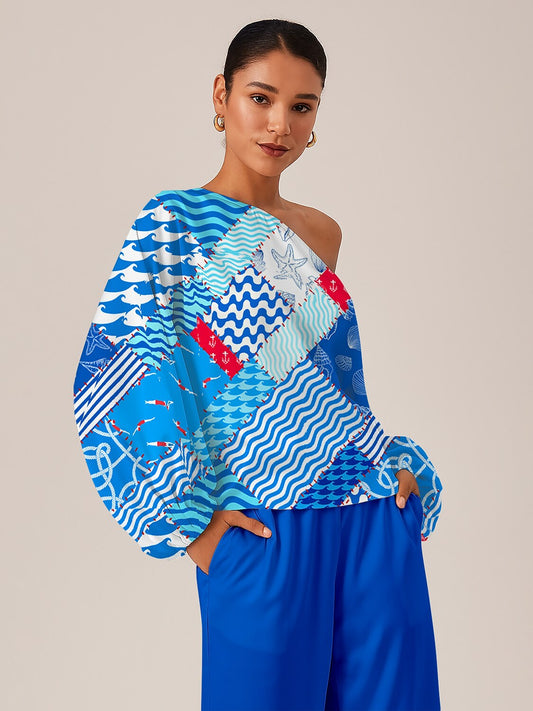 Ocean Inspired Geometric Off-Shoulder Top