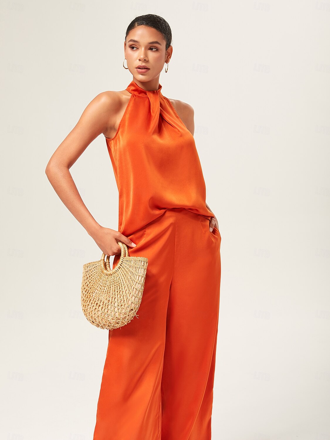 Satin Orange Stand Collar Wide Leg Pants Set