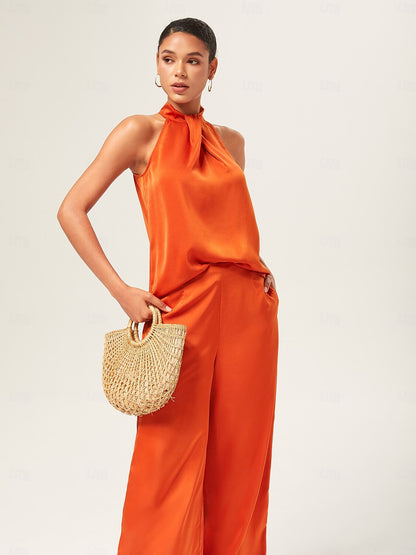 Satin Orange Stand Collar Wide Leg Pants Set