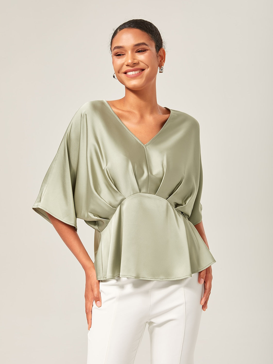 Satin Dolman Sleeve Inverted Pleat V-Neck Top