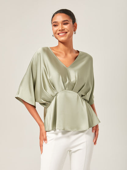 Satin Dolman Sleeve Inverted Pleat V-Neck Top