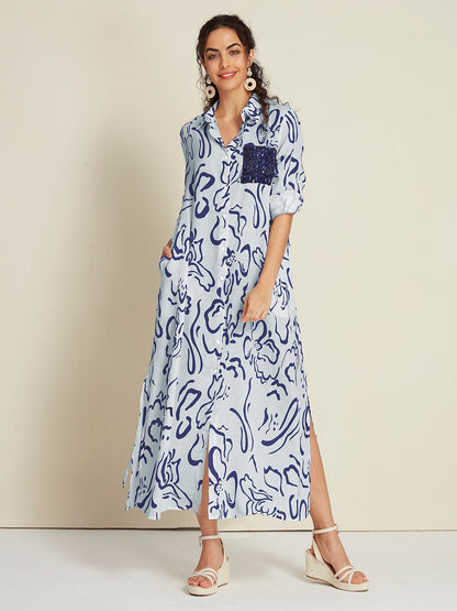 Sequin Apricot Curve Pocket Roll Up Maxi Shirt Dress