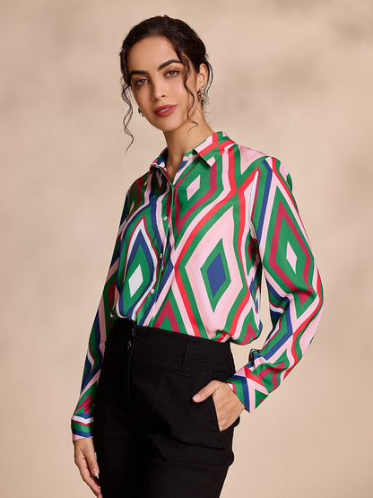 Satin Geometric Print Casual Shirt
