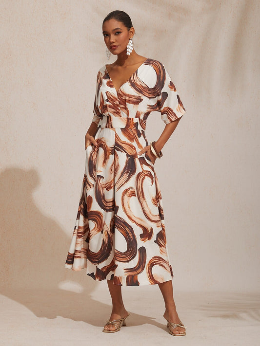 Vacation Abstract Brushstroke Print Waist Cinching Satin Maxi Dress