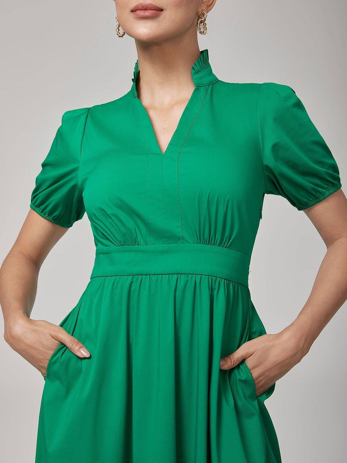 Deep Moss Green Cotton Puff  Dress
