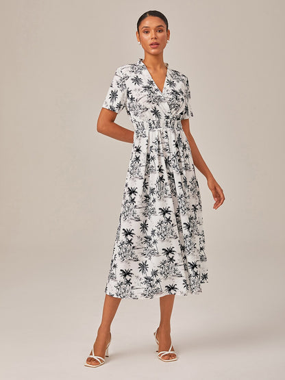 Black & White Beach Print Vacation-Style Midi Dress
