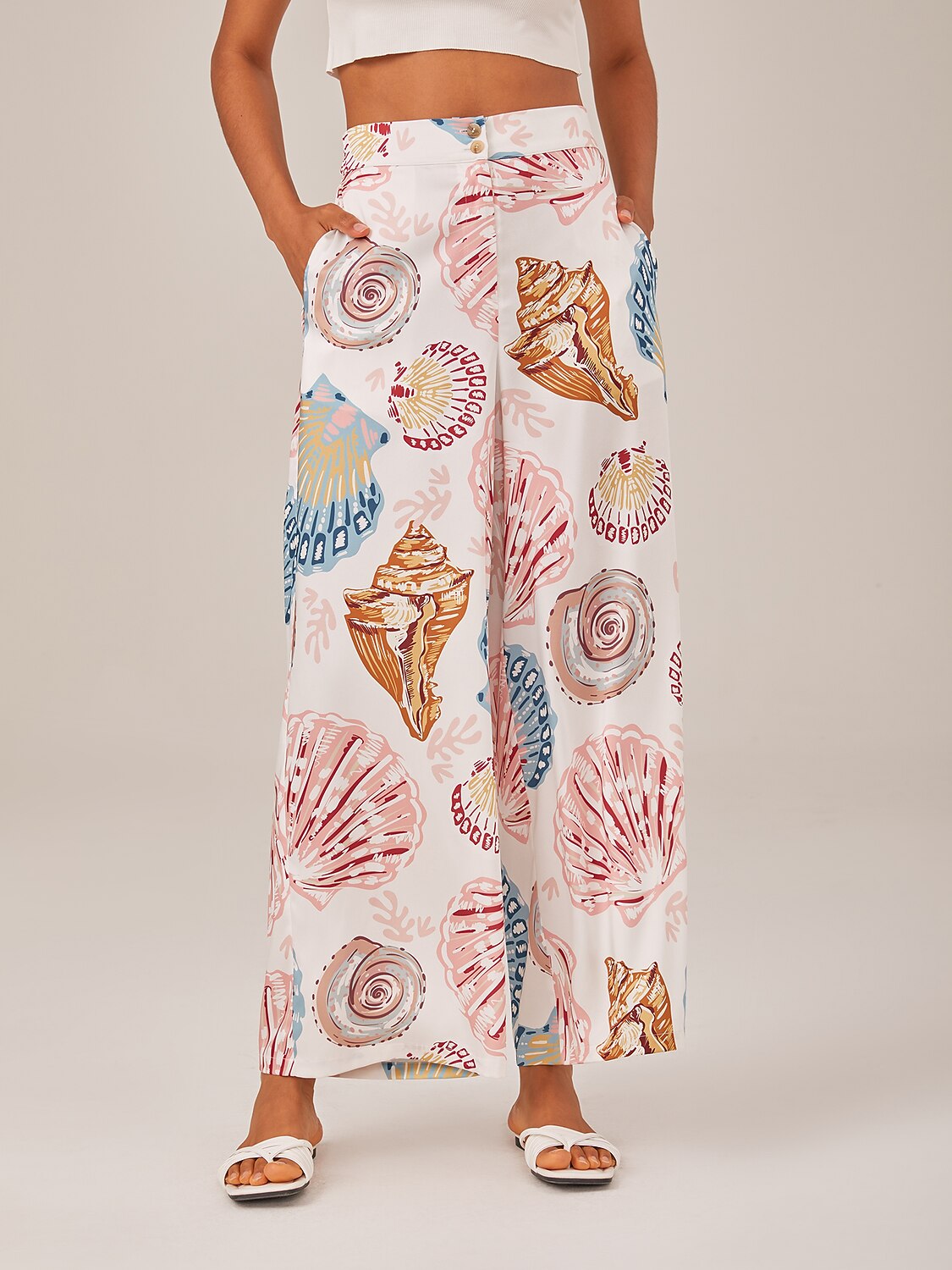 Shell Print Elastic Waist Wide Leg Pants