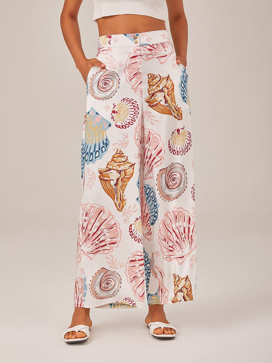Shell Print Elastic Waist Wide Leg Pants