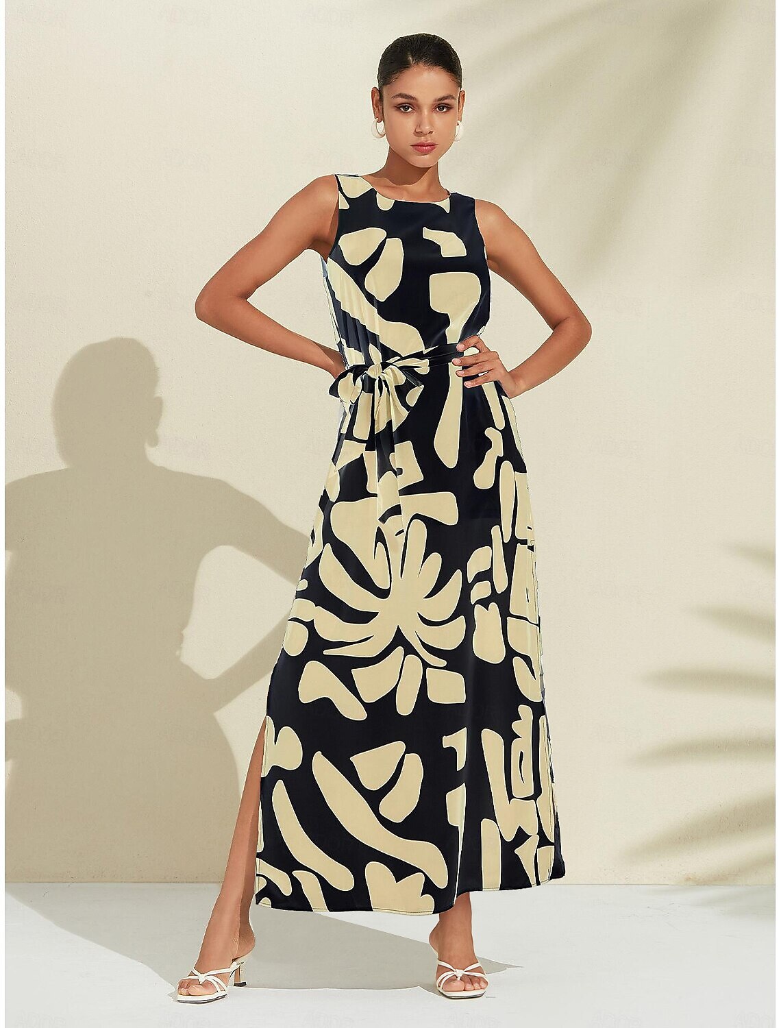 Matte Satin Sleeveless Floral Print Vacation-Style Maxi Dress