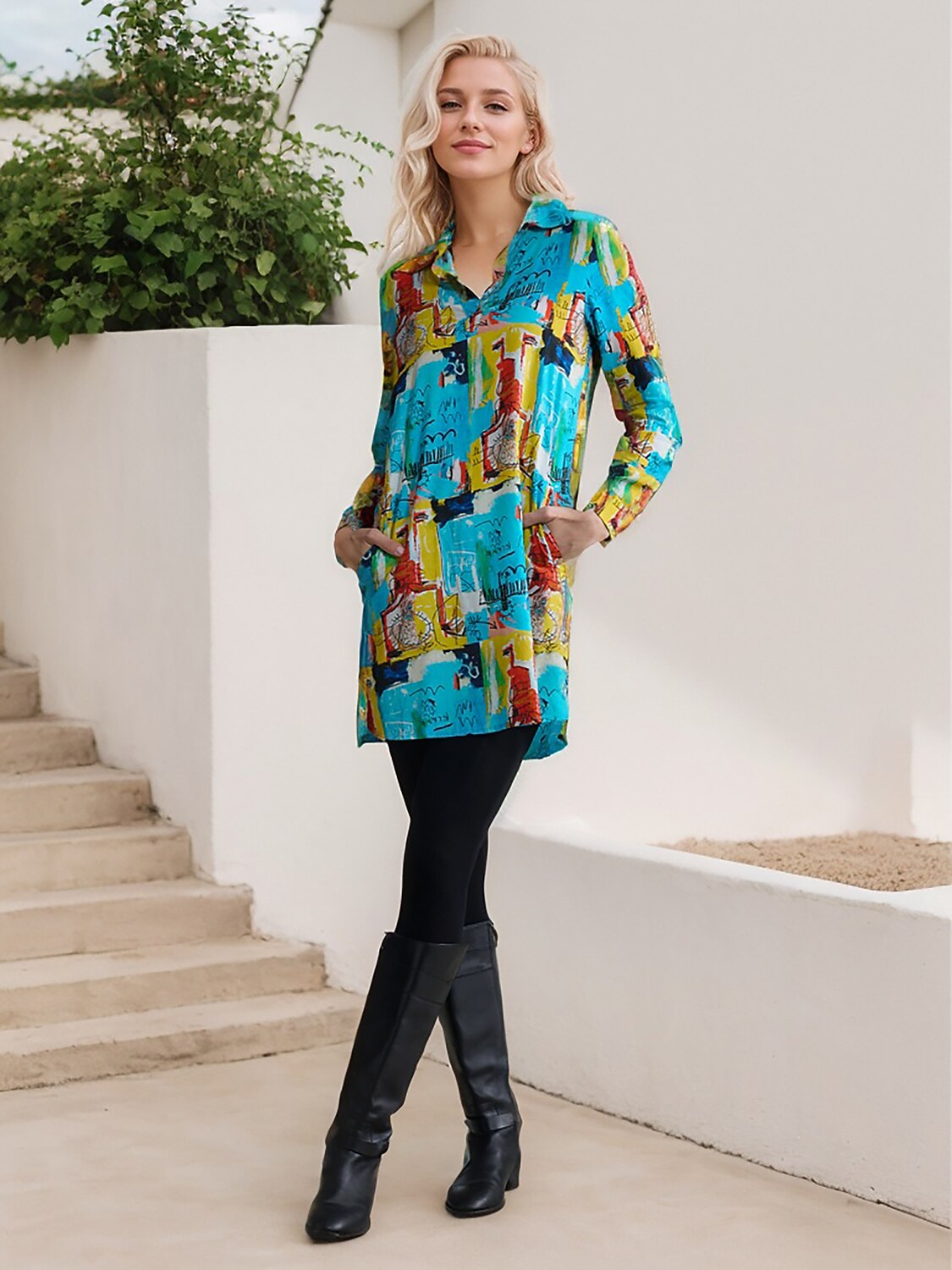 Rayon Graffiti Cuff Lapel Mini Shirt Dress