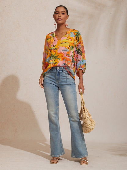 Vacation Beach Element Print Loose fit Chiffon Top