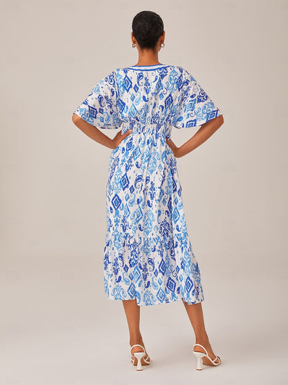 Blue Monochrome Print Empire Waist Midi Dress