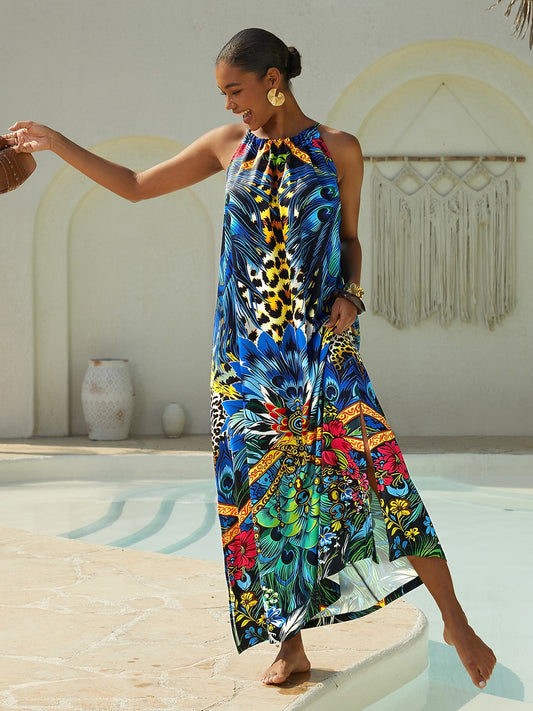 Vacation Feather Leopard Print Sleeveless Satin Camisole Maxi Dress