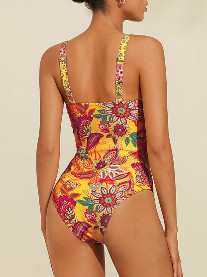 Removable Pad Shirred Boho Swimsuit