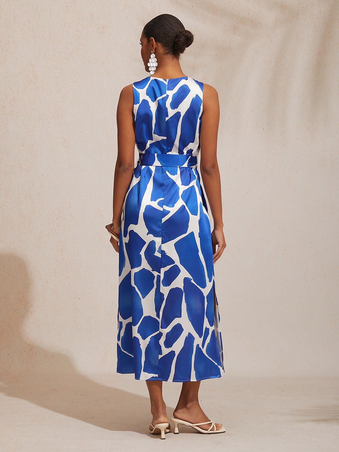 Vacation Geometric Color Block Print Straight Fit Satin Maxi Dress