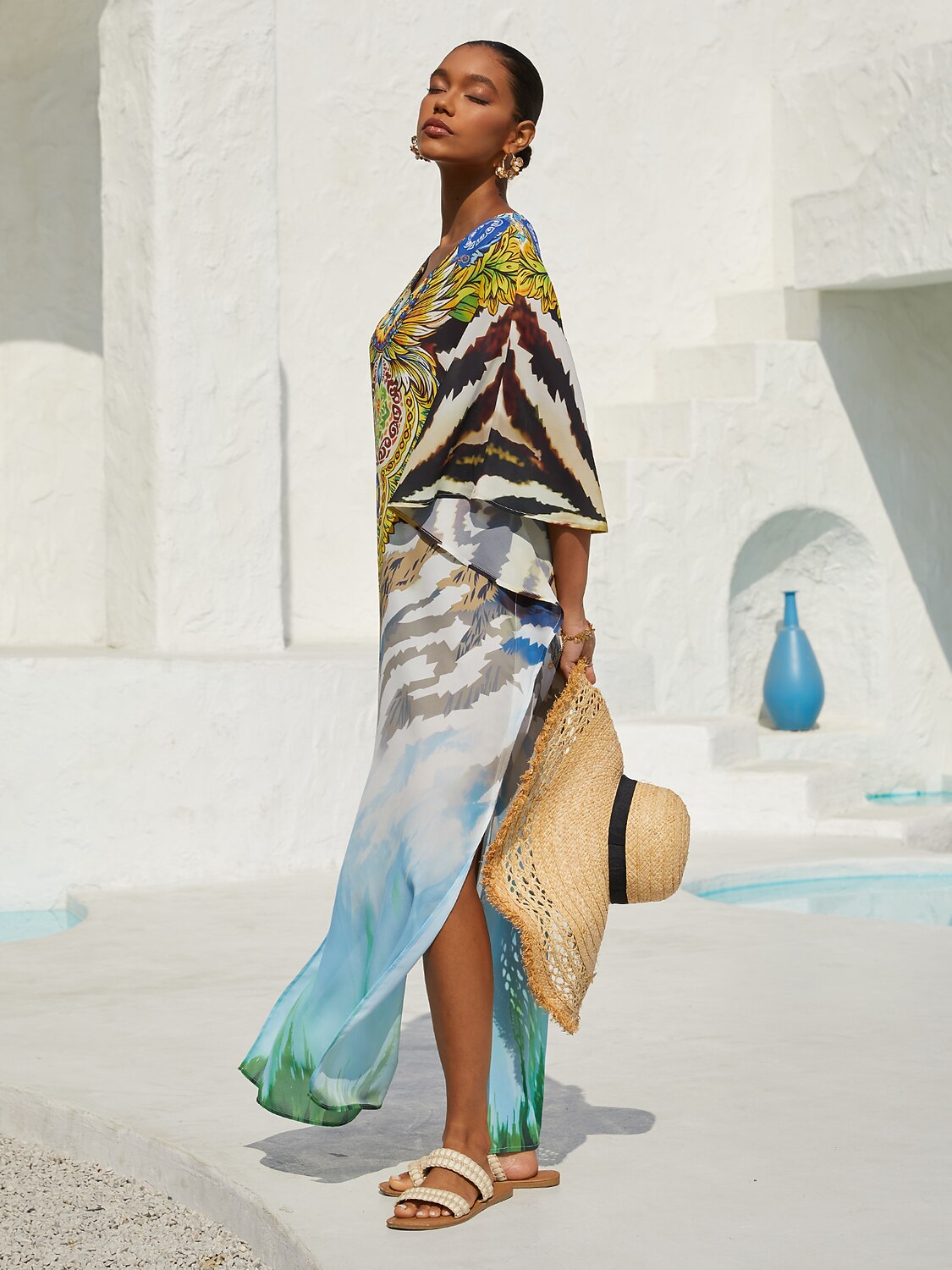 Vacation Gradient Leopard Motif Batwing Sleeve Slit Chiffon Maxi Dress