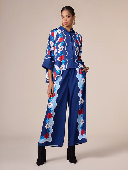 Satin Artistic Printing Standing Collar Blouse