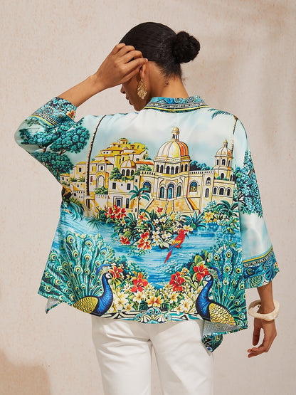 Balearic Islands Blue Silky Satin Dolman Sleeve Top