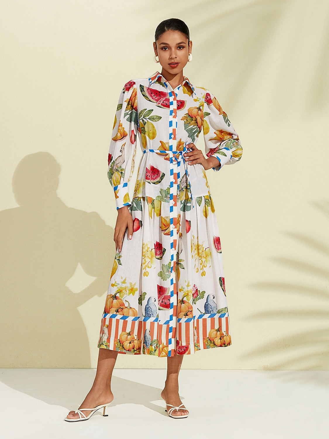 Print Stripe Fruit Midi Shirt Dress