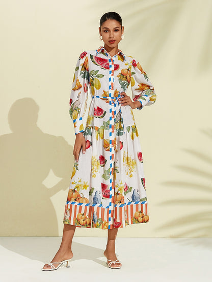 Print Stripe Fruit Midi Shirt Dress