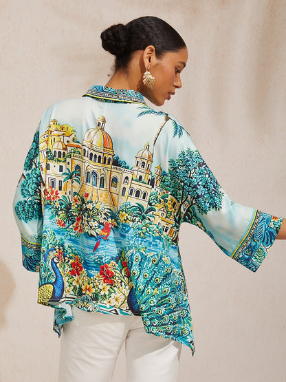 Vacation Scenic Floral Print Dolman Sleeve Chiffon Short Shirt