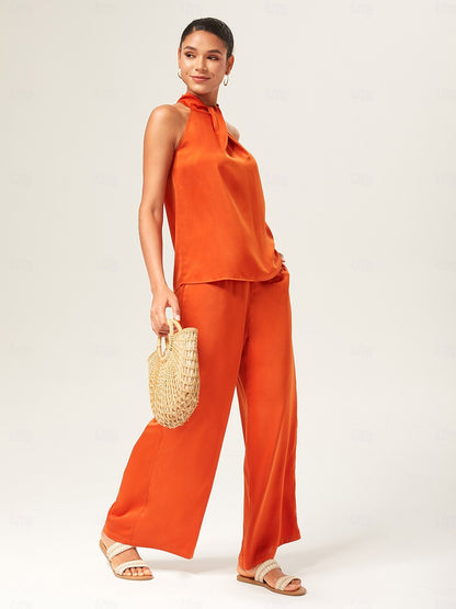 Satin Orange Stand Collar Wide Leg Pants Set