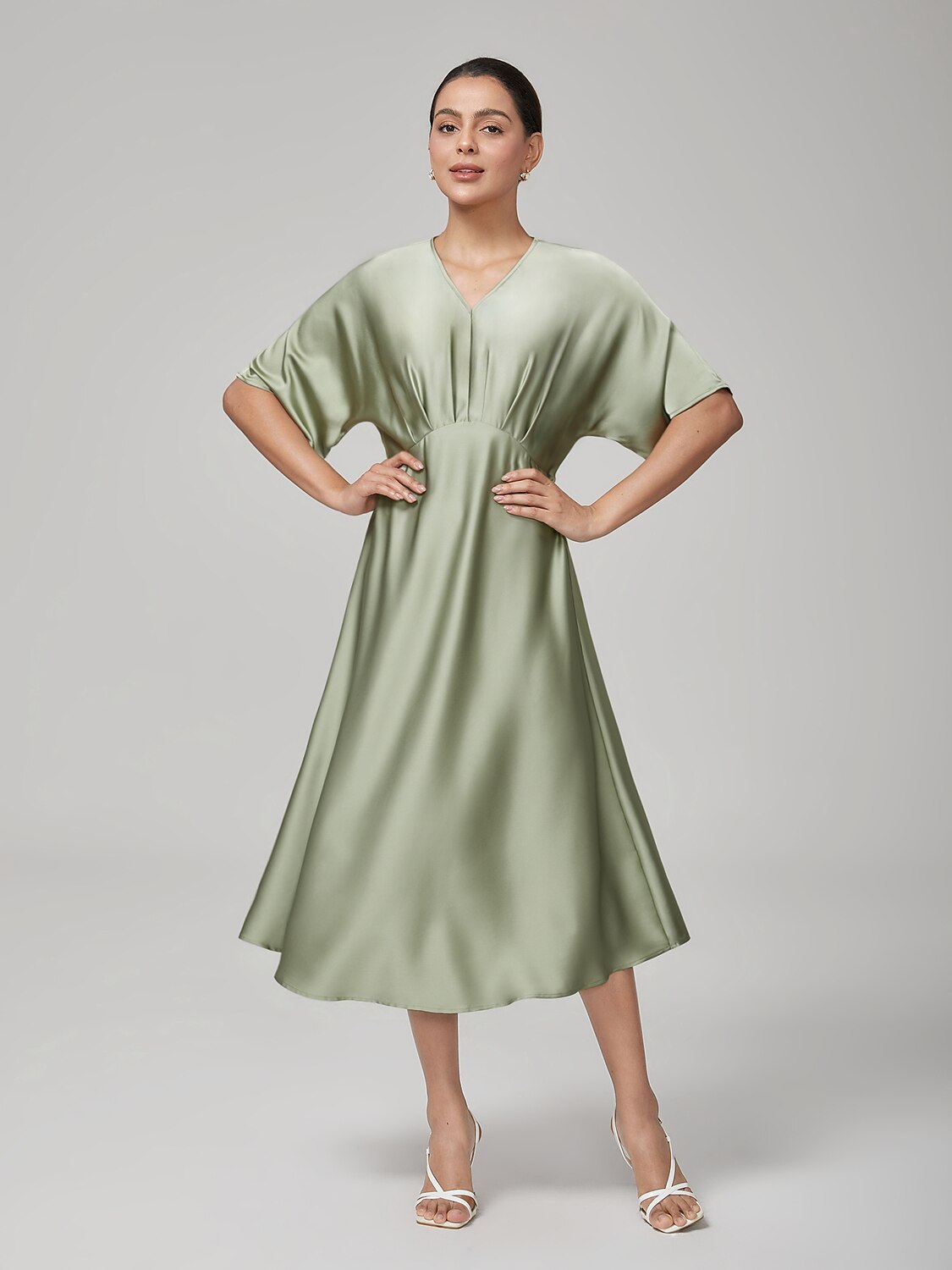 Elegant Pleat V-Neck Dolman Sleeves Satin Dress
