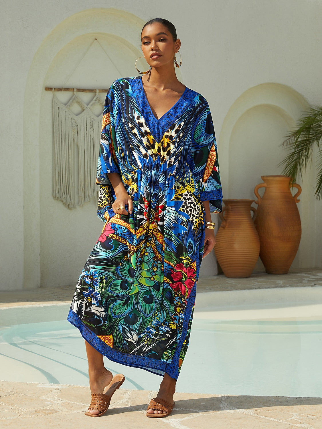Vacation Feather Leopard Print Dolman Sleeve Chiffon Maxi Dress