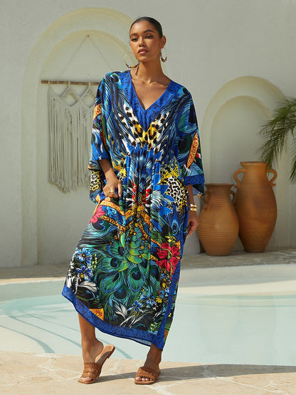 Vacation Feather Leopard Print Dolman Sleeve Chiffon Maxi Dress