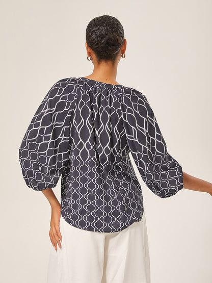 Monochrome Print Lantern Sleeve Top