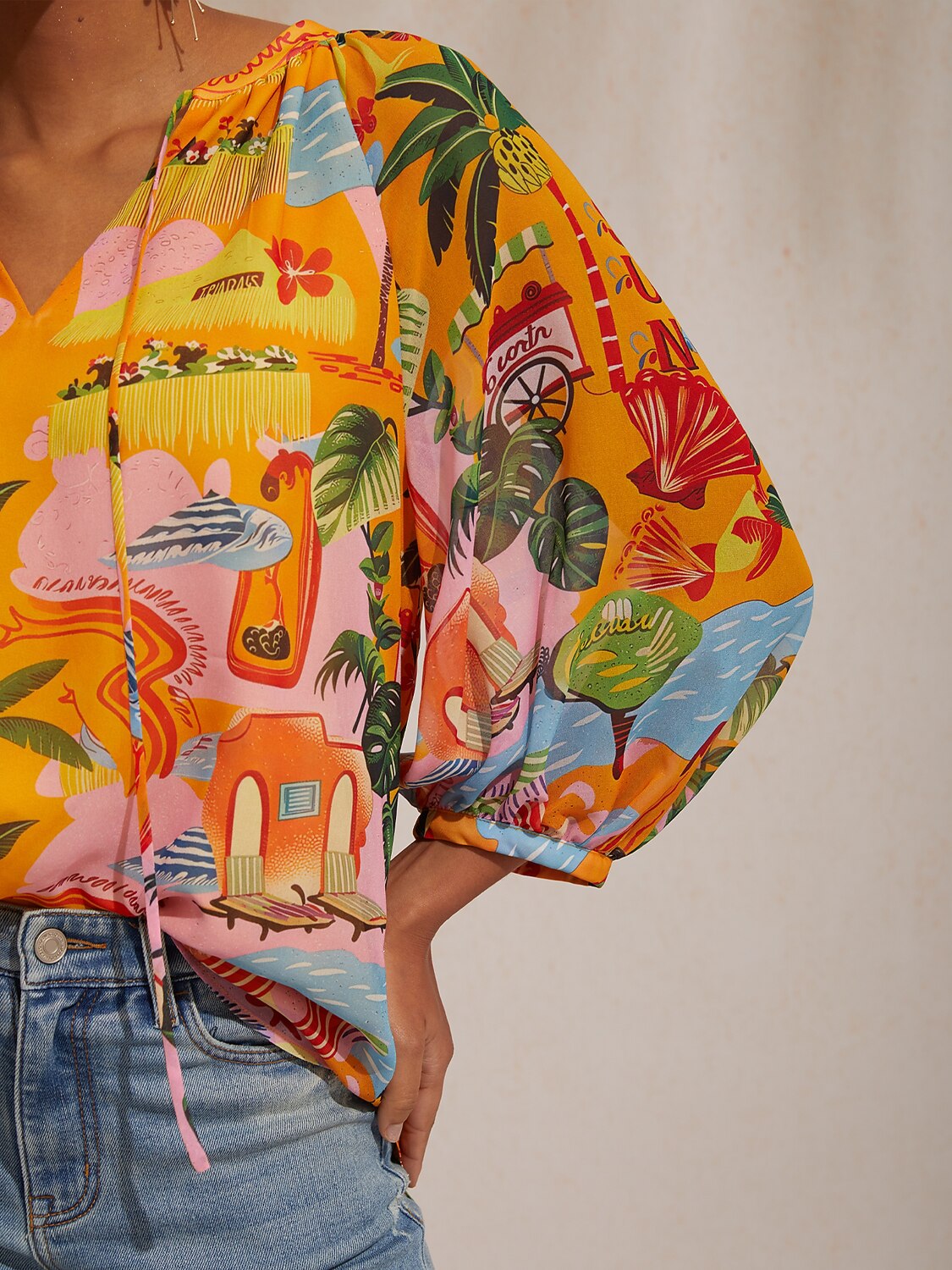 Vacation Beach Element Print Loose fit Chiffon Top