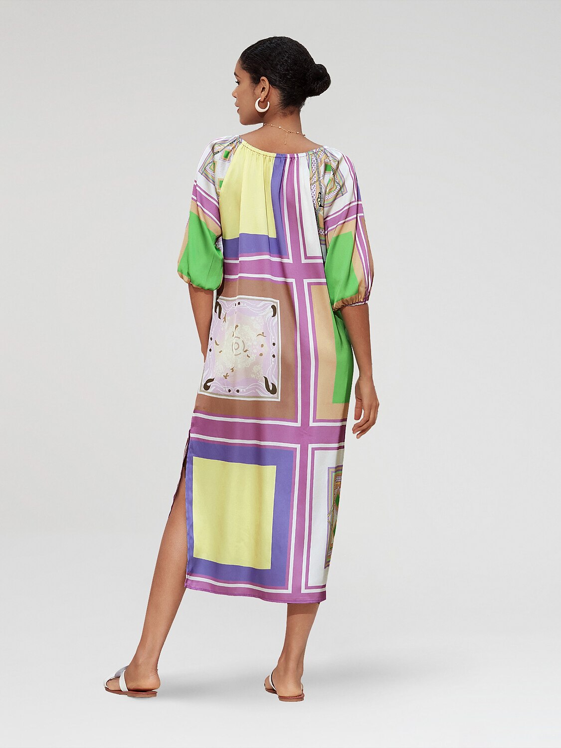 Satin Scarf Geometrical Print Midi Dress