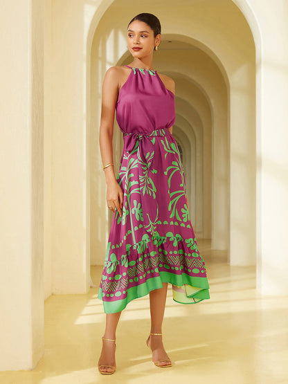 Satin Vacation-Style Geometric Pattern Sleeveless Midi Dress