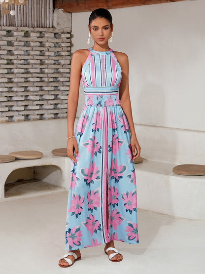 Satin Print Halter Backless Maxi Dress