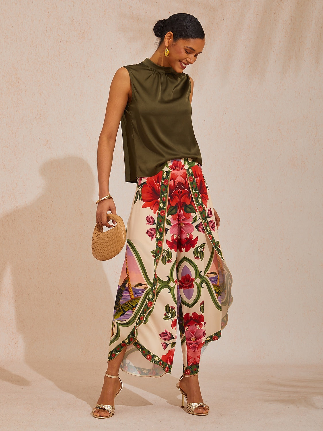 Vacation Placement Floral Crisscross Satin Wide leg Pants