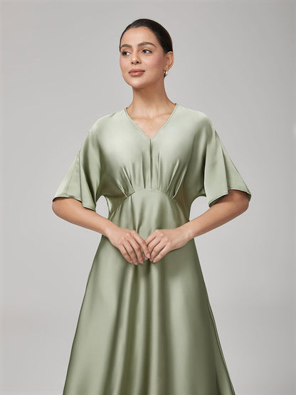 Elegant Pleat V-Neck Dolman Sleeves Satin Dress