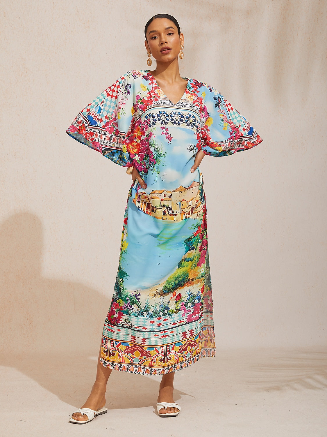 Mallorca Blossom Flowy Chiffon Dolman Sleeve Maxi Dress
