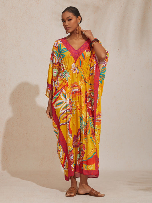 Vacation Yellow Paisley Floral Dolman Sleeves Chiffon Maxi Dress