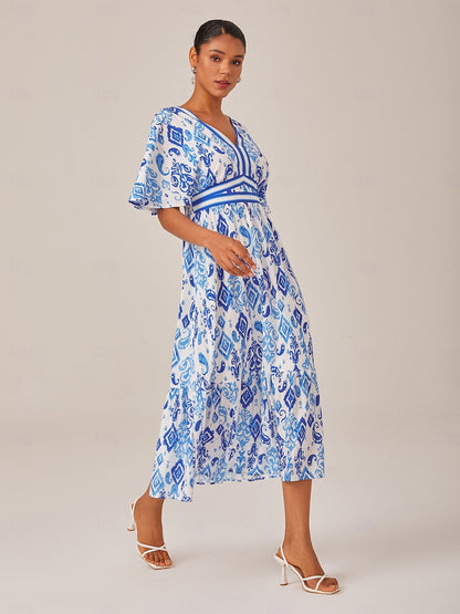 Blue Monochrome Print Empire Waist Midi Dress