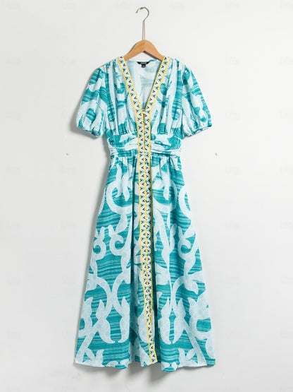 Puff Sleeve V Neck Maxi Dress