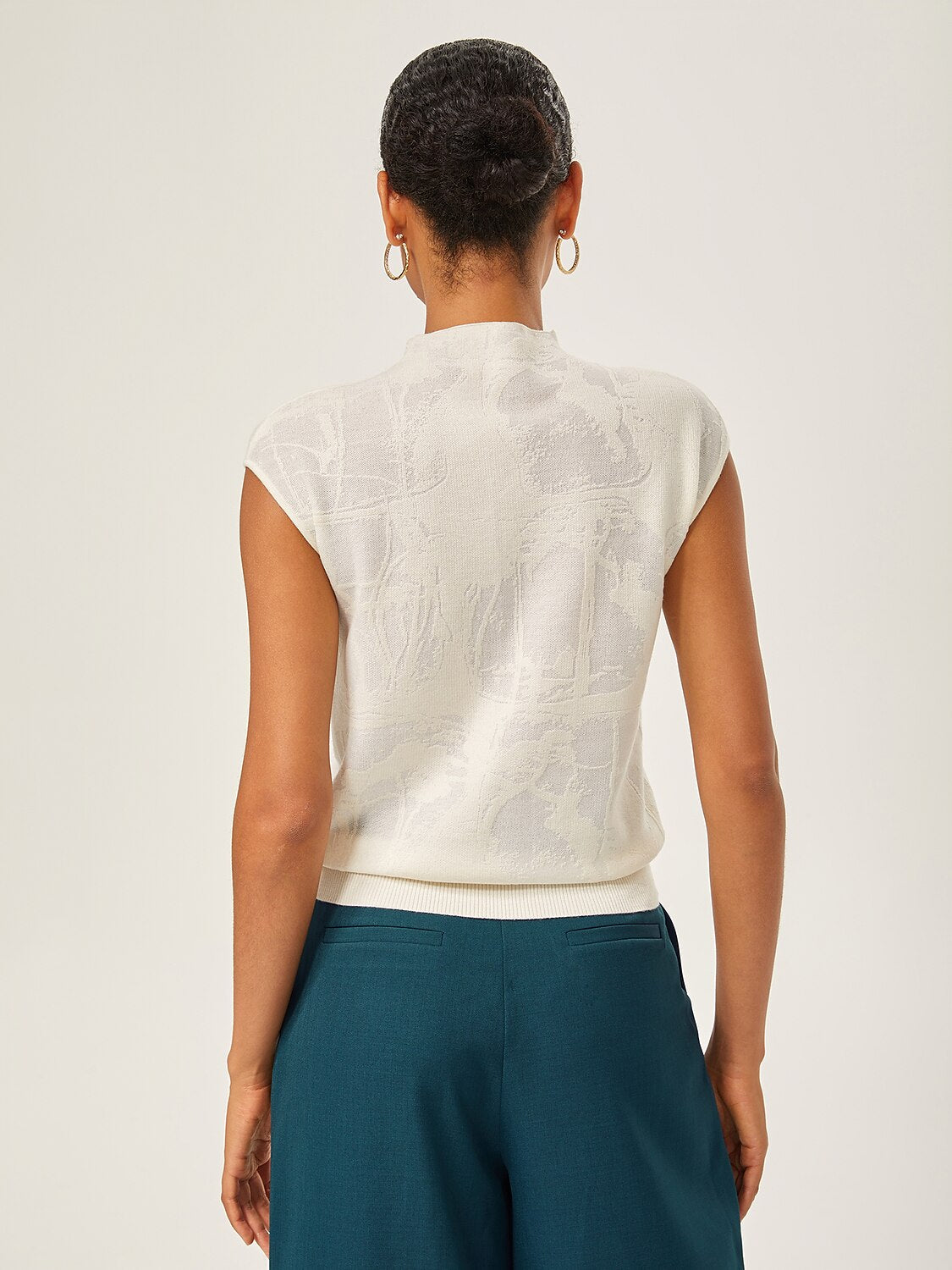 Ivory Wool Jacquard Mock Neck Knit Top