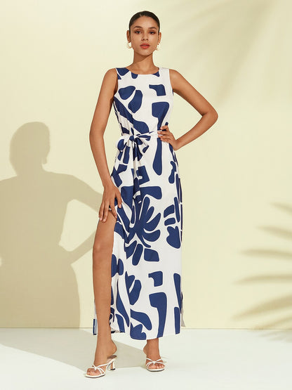 Matte Satin Sleeveless Floral Print Vacation-Style Maxi Dress