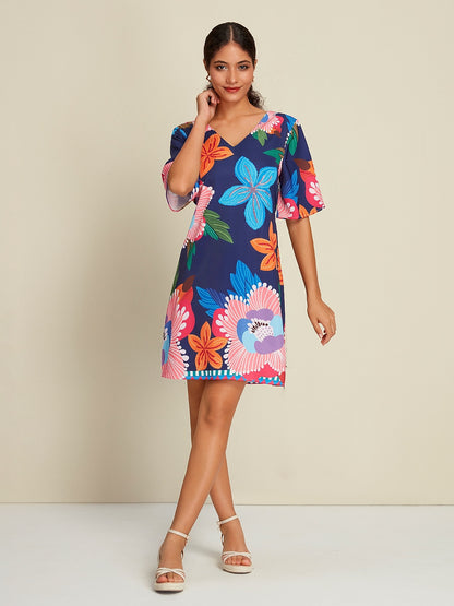 Satin Mini Dress  Floral Print Straight Fit Slimming Elastic Back     Dress