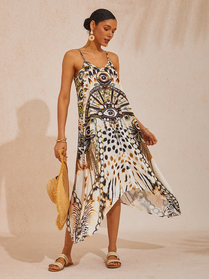 Vacation Leopard Chain Print Satin Cami Maxi Dress