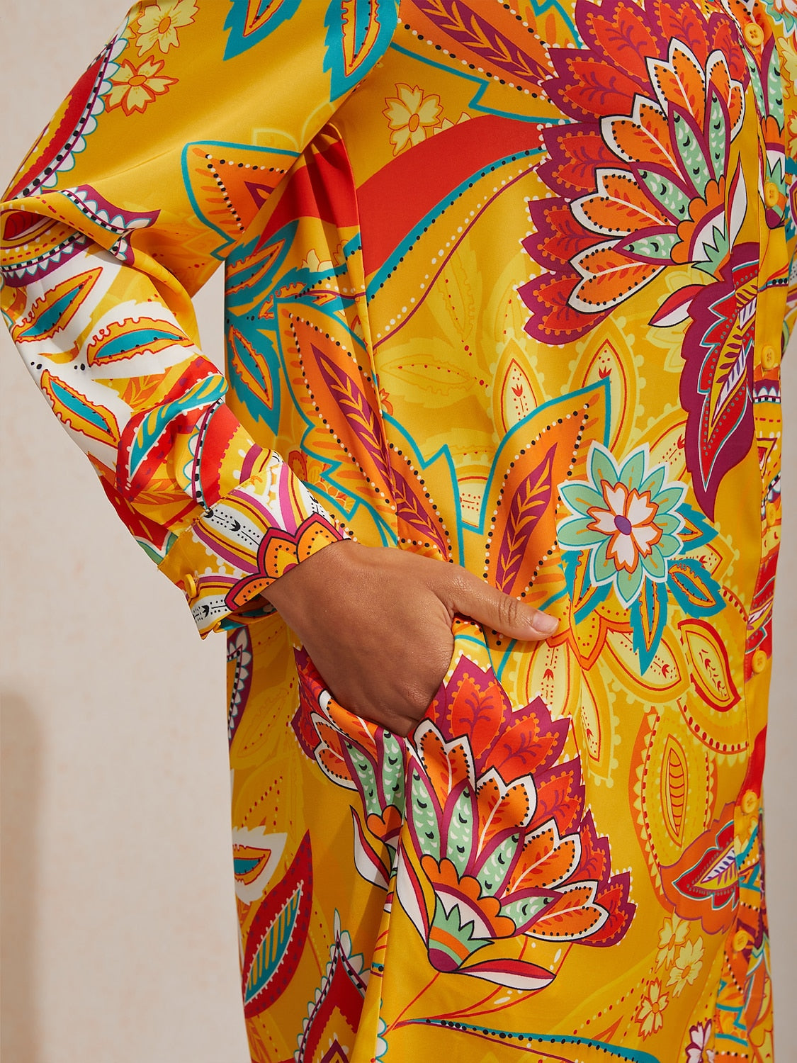Vacation Yellow Paisley Print Straight Fit Satin Shirt Dress