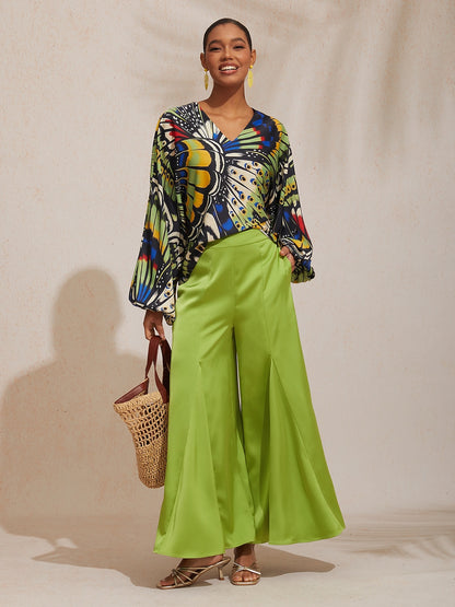 Vacation Butterfly Print Dolman Sleeve Satin Top
